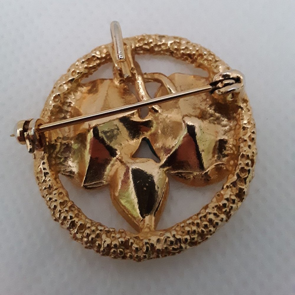 Vintage Enamel Circle Floral Pin Brooch Pendant Gold Tone - Picture 3 of 7